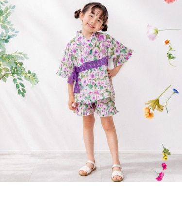 【当商品送料無料】Rora 甚平 キッズ 女の子 通販 ローラ はなよい 花宵 上下セット セットアップ 半袖 かわいい 可愛い 紫 パープル 浴衣