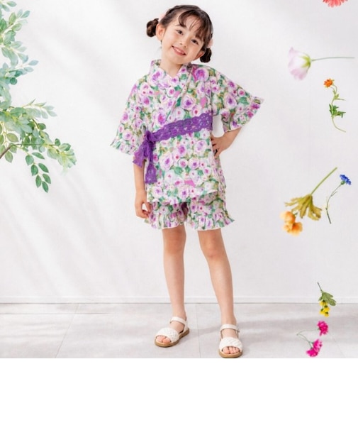 【当商品送料無料】Rora 甚平 キッズ 女の子 通販 ローラ はなよい 花宵 上下セット セットアップ 半袖 かわいい 可愛い 紫 パープル 浴衣