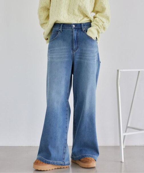 裏起毛ワイドデニムパンツ