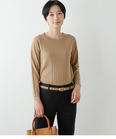 【手洗い可能】キャッシュウール クルーネックケーブル7分袖ニットプルオーバー