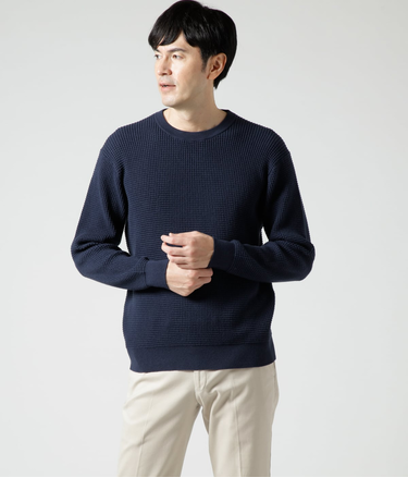 【ウォッシャブル】ワッフル クルーネック プルオーバーニット