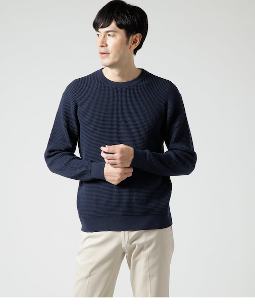 【ウォッシャブル】ワッフル クルーネック プルオーバーニット