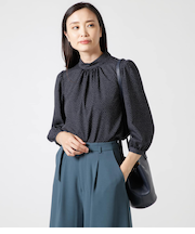 ミニドットプリント ハイネック7分袖ブラウス