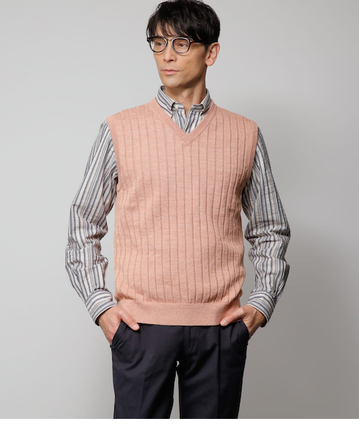 【ウォッシャブル】リネンポリエステル Vネックニットベスト