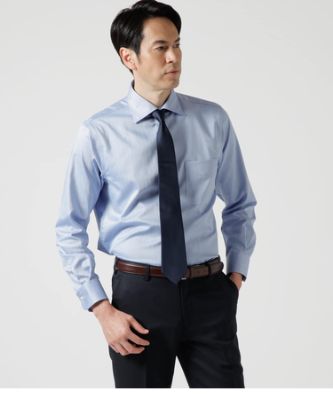 NY CARE FREE ヘリンボーン 長袖ワイドスプレッドカラーシャツ