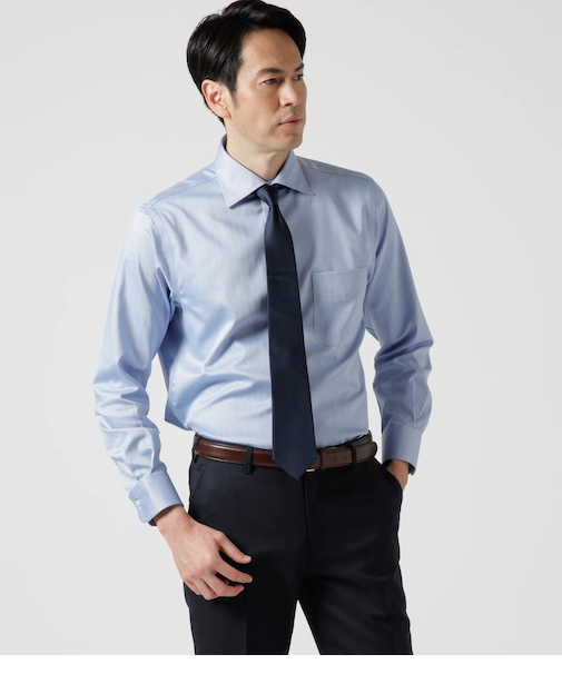 NY CARE FREE ヘリンボーン 長袖ワイドスプレッドカラーシャツ