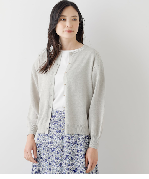 リネンポリエステル天竺 クルーネックニットカーディガン