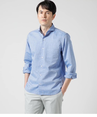 コットンラミー シャンブレー 長袖カッタウェイカラーシャツ