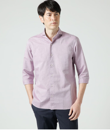 コットンラミー シャンブレー 七分袖カッタウェイカラーシャツ