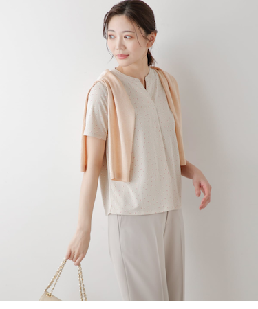 強撚スムース スクエアドットプリント 半袖スキッパープルオーバー