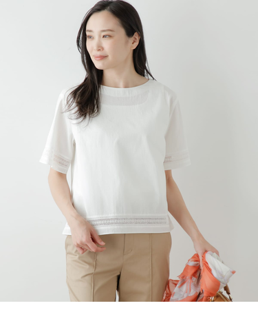 ヘアラインコットンボイル レース切り替えTブラウス