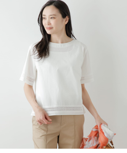 ヘアラインコットンボイル レース切り替えTブラウス