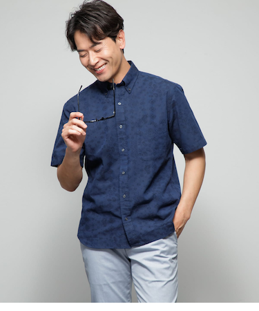 ジャカード ペイズリー 半袖ショートボタンダウンシャツ