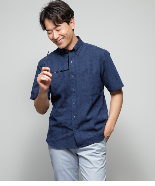 ジャカード ペイズリー 半袖ショートボタンダウンシャツ