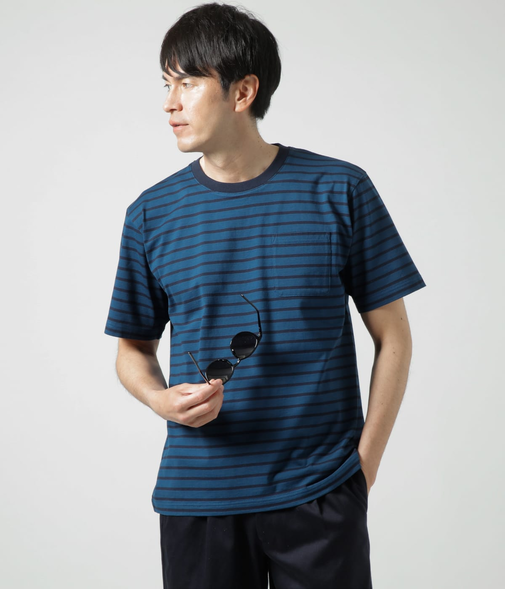 先染め 天竺 ボーダー 半袖クルーネックTシャツ