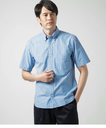 ワッシャー コードストライプ 半袖ショートボタンダウンシャツ