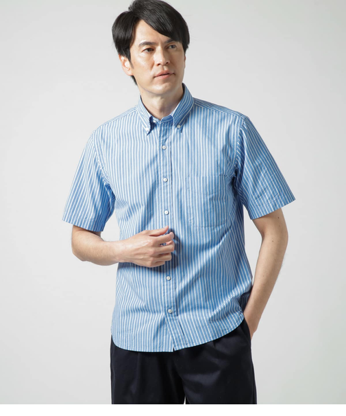 ワッシャー コードストライプ 半袖ショートボタンダウンシャツ