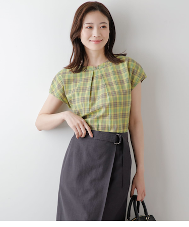 コットンリネン グリーンマドラスチェック フロントタックブブラウス