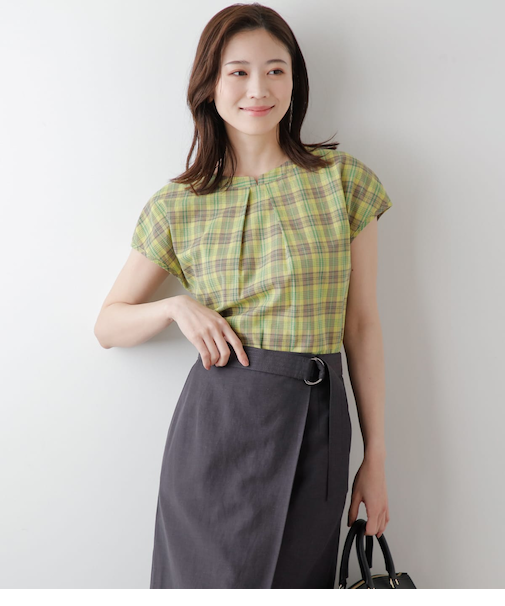 コットンリネン グリーンマドラスチェック フロントタックブブラウス