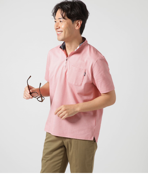 【吸水速乾】COOL COMFORT サッカーストライプ ハーフジップ スタンドカラーポロシャツ