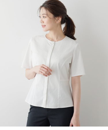 ジオメトリックジャカード ペプラム半袖ブラウス