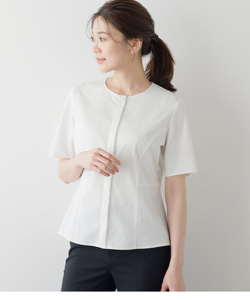 ジオメトリックジャカード ペプラム半袖ブラウス