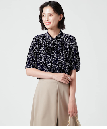 ドットプリント 5分袖ボウタイブラウス