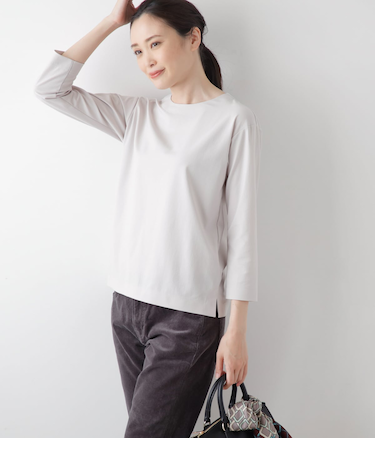 ストレッチトリコット バックファスナー7分袖Tシャツ