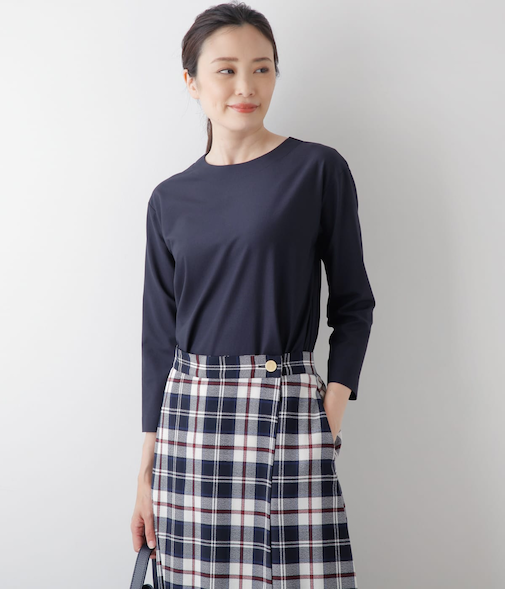 ストレッチトリコット バックファスナー7分袖Tシャツ