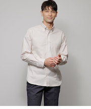 【ストレッチ】オックスシャンブレー オレンジストライプ 長袖ショートボタンダウンシャツ