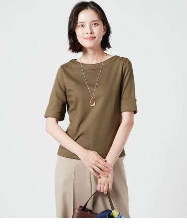 針抜きミラノリブ ターンバック5分袖カットソー