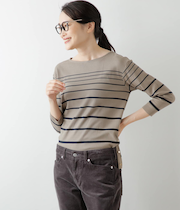 リブ風グラデーションボーダー クルーネック7分袖プルオーバー