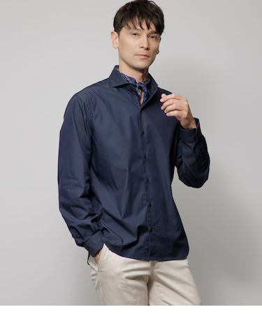 【ストレッチ】シャンブレーツイル 長袖カッタウェイカラーシャツ