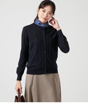 【手洗い可能】セルロースポリエステル 透かし柄クルーネックカーディガン