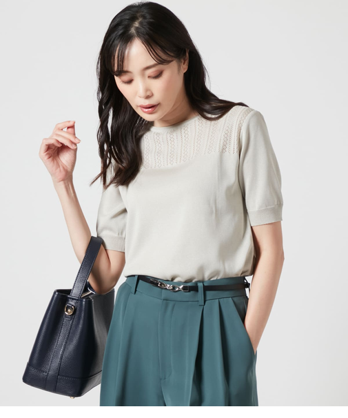 【手洗い可能】セルロースポリエステル 透かし柄半袖クルーネックプルオーバー