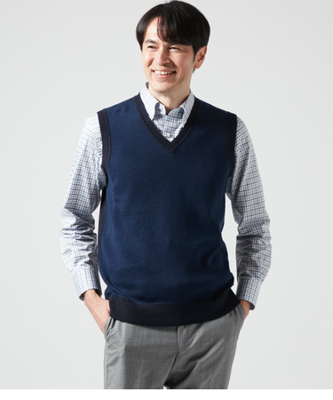 【ウォッシャブル】バーズアイ Vネックニットベスト