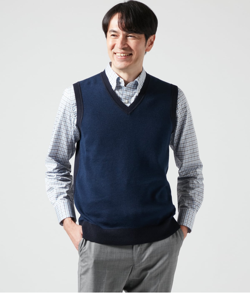 【ウォッシャブル】バーズアイ Vネックニットベスト