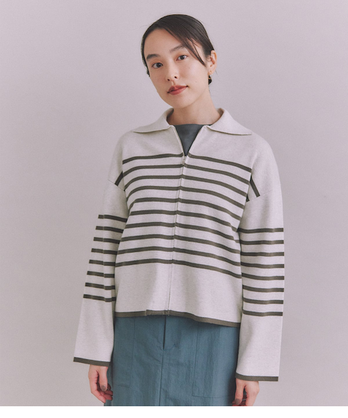 BLENDED COTTON 襟付きボーダーカーディガン