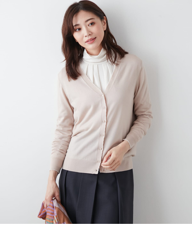 【手洗い可能】セルロースウール天竺16G 配色スカラップVネックカーディガン