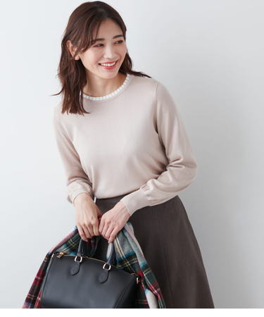 【手洗い可能】セルロースウール天竺16G 配色フリルプリーツプルオーバー