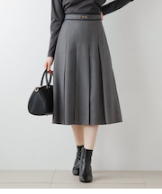 TWツイル ビット付きタックフレアスカート