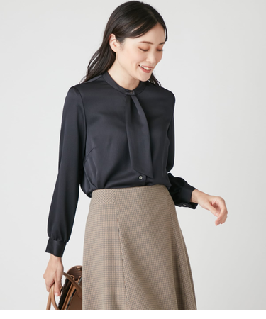 ハンマーサテン タイ付き長袖ブラウス