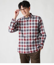 オンブレーチェック 起毛 長袖ショートボタンダウンシャツ