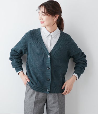 【手洗い可能】ウールコットン片畔 Vネックカーディガン