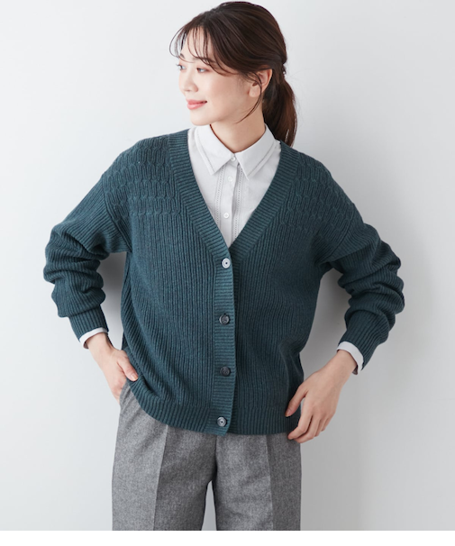 【手洗い可能】ウールコットン片畔 Vネックカーディガン