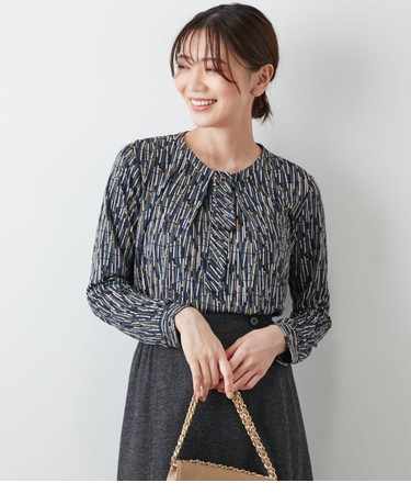 ポリエステル強撚スムース ランダムレーンプリント ボウタイプルオーバー