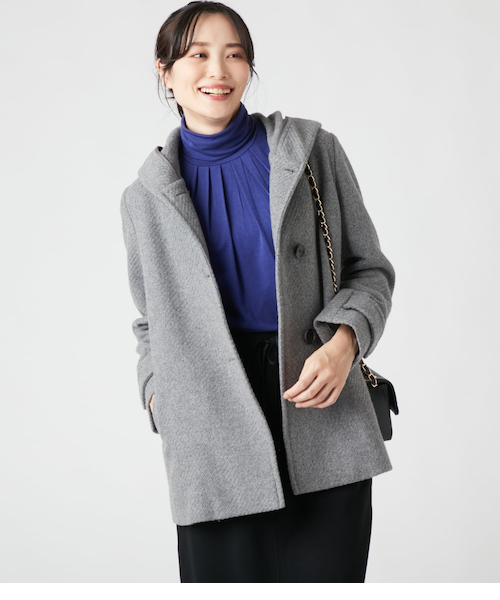 quaranciel: ウール ノーカラー ダブルフロント ミドル コート