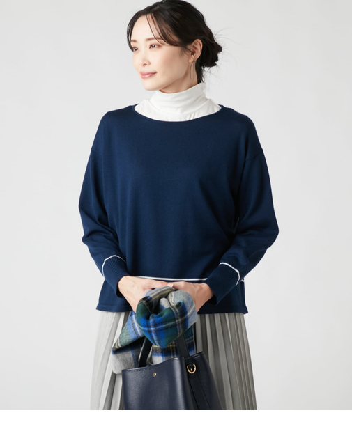 ウォッシャブルウール 配色ラインニットプルオーバー