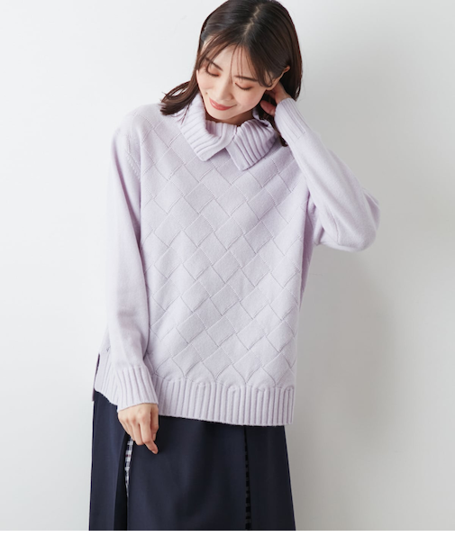 ウールカシミヤ バスケット柄タートルネックプルオーバー
