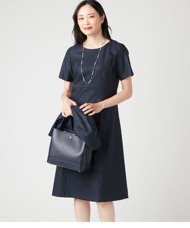 ウールシルクシャークススキン パネルウエスト切替え半袖ワンピース